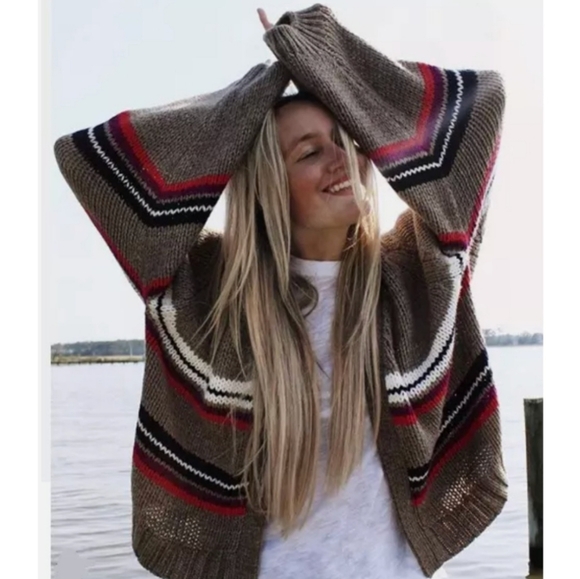 XíRENA Open Cardigan Brown Striped Alpaca Blend Preppy Grampacore Boho FLAW - Picture 1 of 10